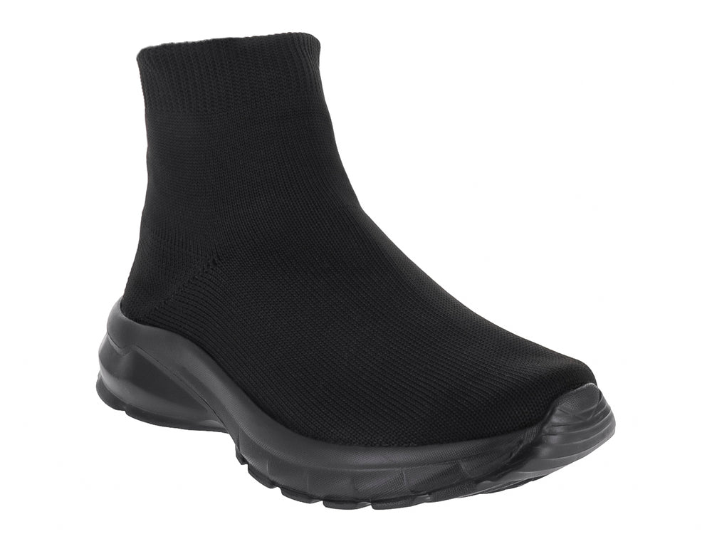 Tenis deportivos infantiles color negro, diseño tipo calcetín sin agujetas y suela gruesa.