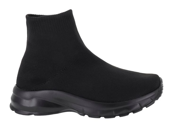 Tenis deportivos infantiles color negro, estilo calcetín sin cordones con suela gruesa.