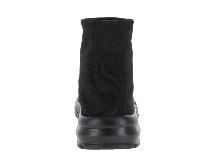 Tenis deportivos infantiles color negro, estilo calcetín sin cordones con suela gruesa.