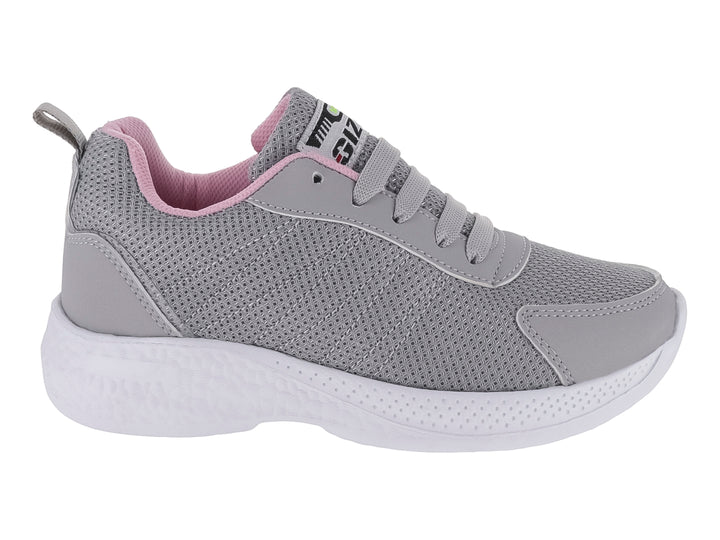 Tenis deportivos para niña en color gris con detalles en rosa y suela blanca.