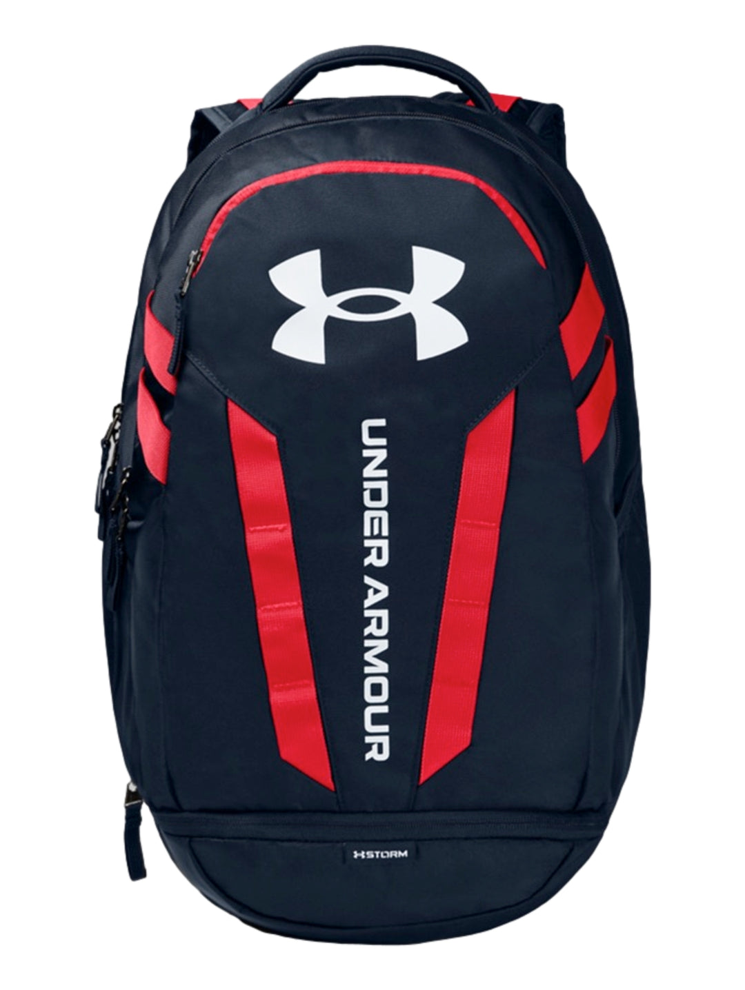 Mochila Under Armour Hustle 5.0 en color azul marino con detalles decorativos en rojo y logotipo blanco frontal.