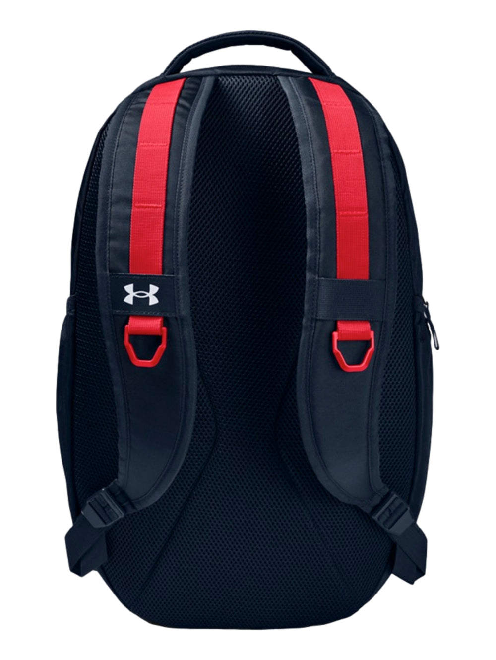 Mochila Under Armour Hustle 5.0 en color azul marino con detalles decorativos en rojo y logotipo blanco frontal.