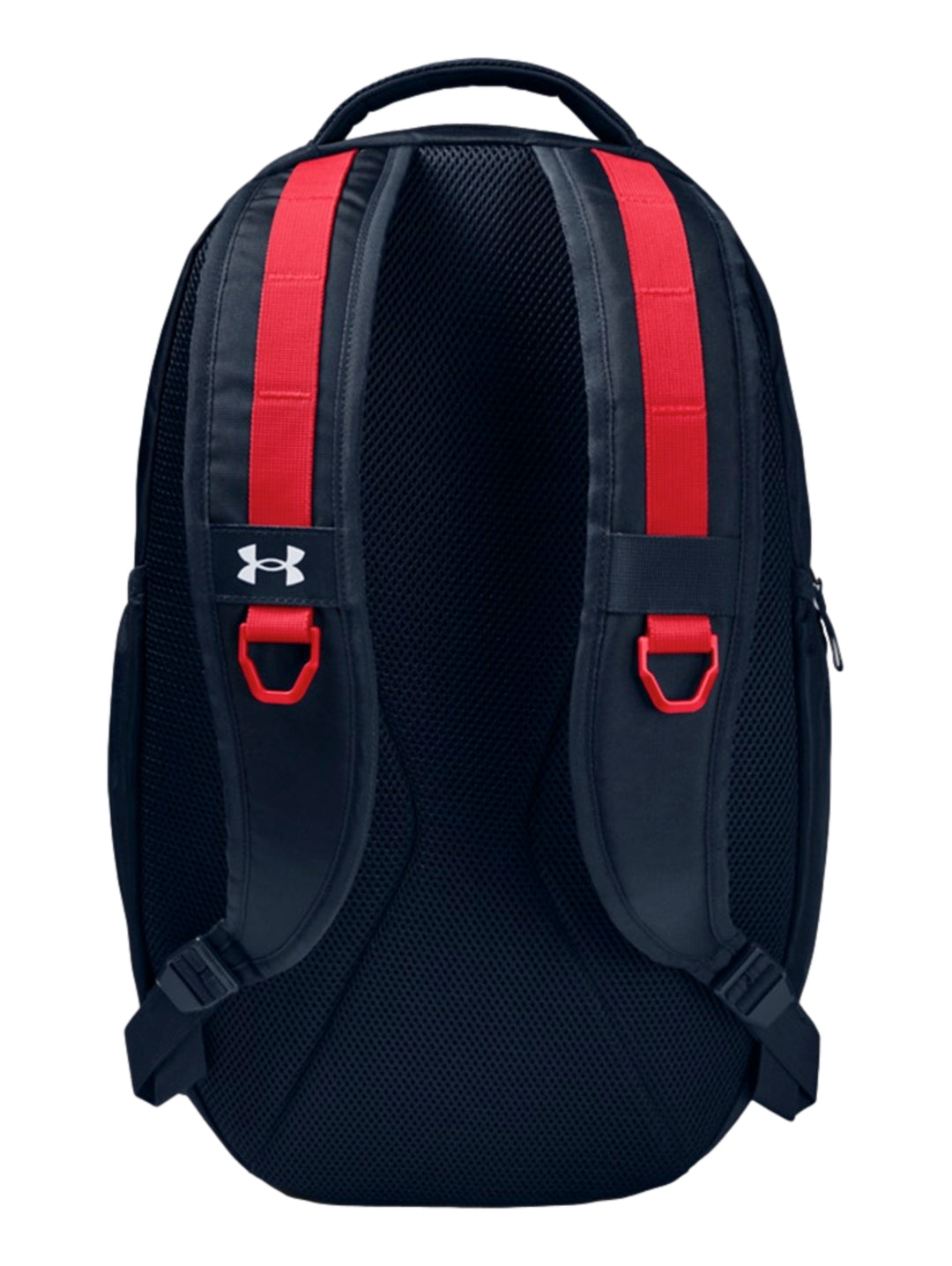 Mochila Under Armour Hustle 5.0 en color azul marino con detalles decorativos en rojo y logotipo blanco frontal.