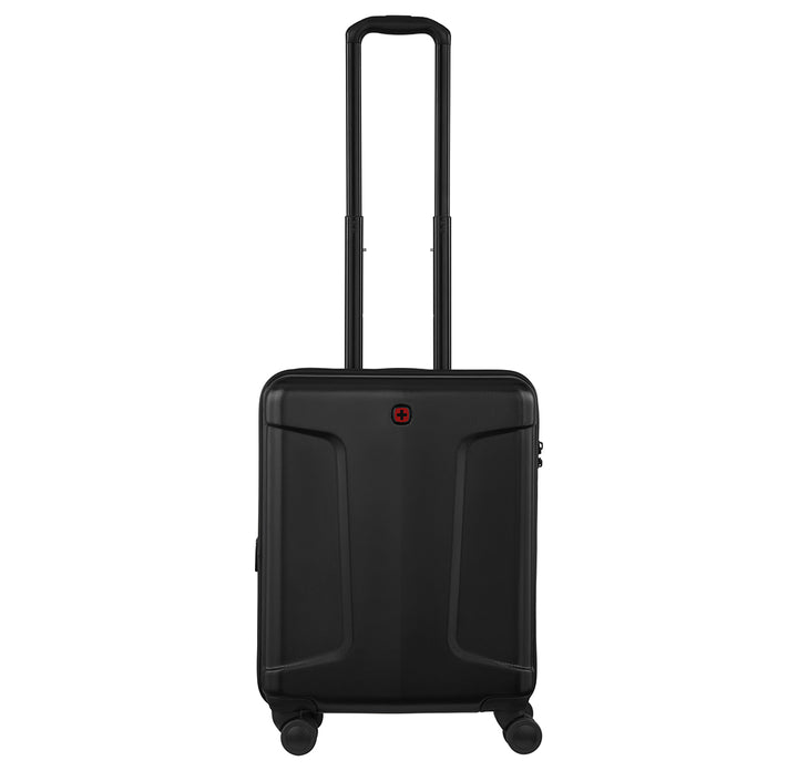 Maleta rígida de viaje color negro con asa extensible y ruedas, marca Wenger.