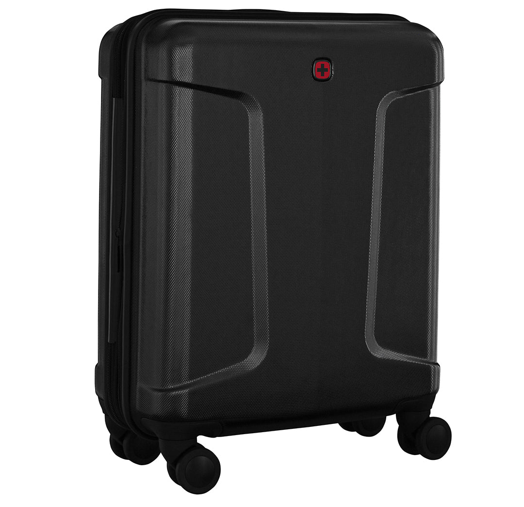 Maleta rígida de viaje color negro con asa extensible y ruedas, marca Wenger.