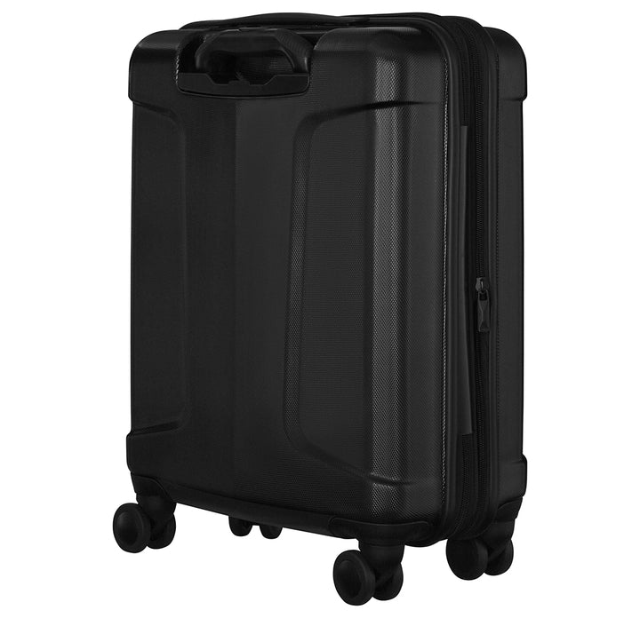 Maleta rígida de viaje color negro con asa extensible y ruedas, marca Wenger.