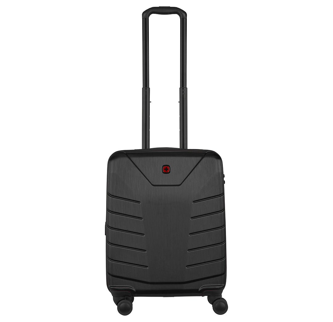 Maleta rígida de viaje marca Wenger en color negro con asa extensible y ruedas.