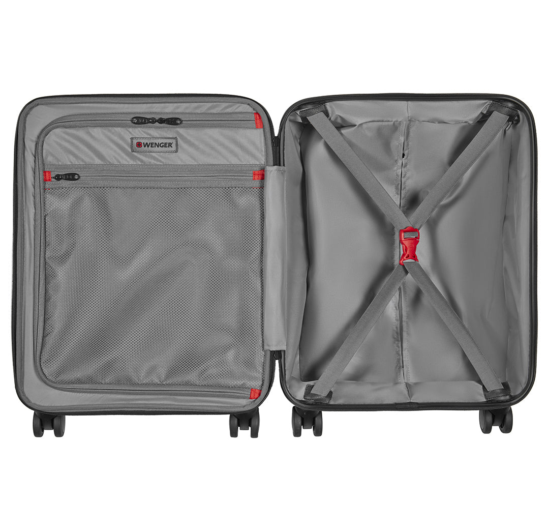 Maleta rígida de viaje marca Wenger en color negro con asa extensible y ruedas.