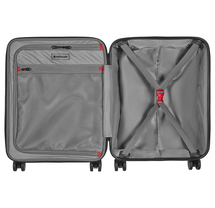 Maleta rígida de viaje marca Wenger en color negro con asa extensible y ruedas.