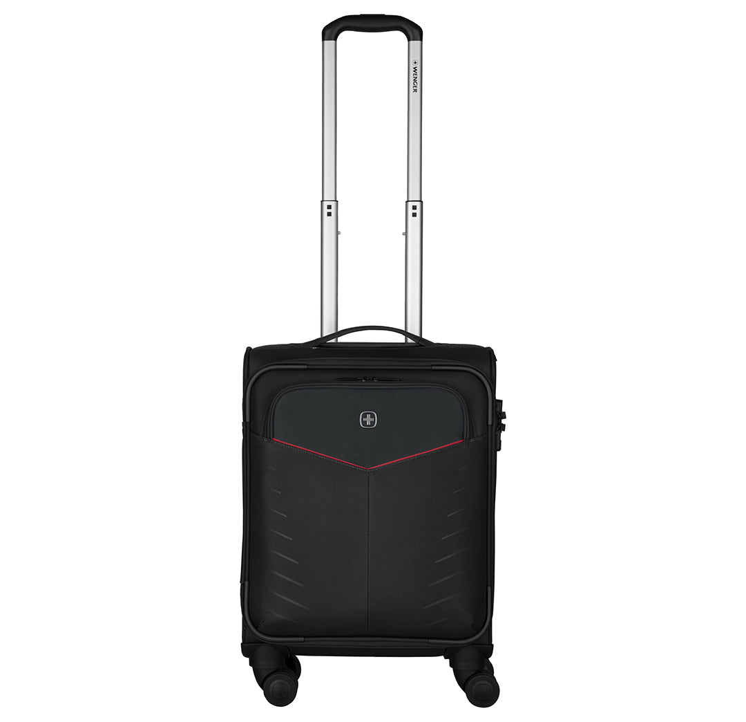 Maleta de viaje Wenger color negro con asa extensible plateada y detalles en rojo.