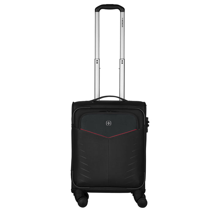 Maleta de viaje Wenger color negro con asa extensible plateada y detalles en rojo.