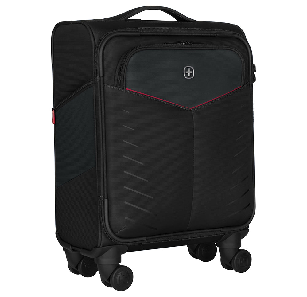 Maleta de viaje Wenger color negro con asa extensible plateada y detalles en rojo.
