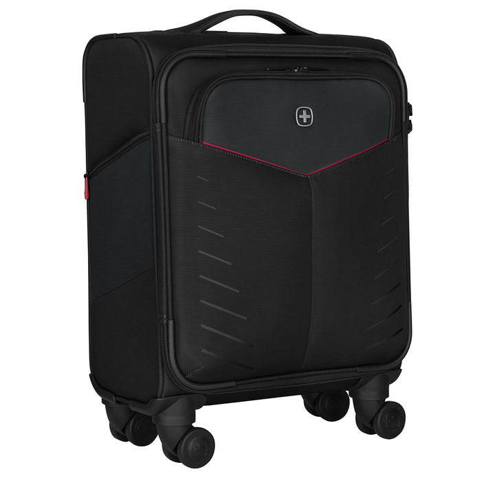 Maleta de viaje Wenger color negro con asa extensible plateada y detalles en rojo.