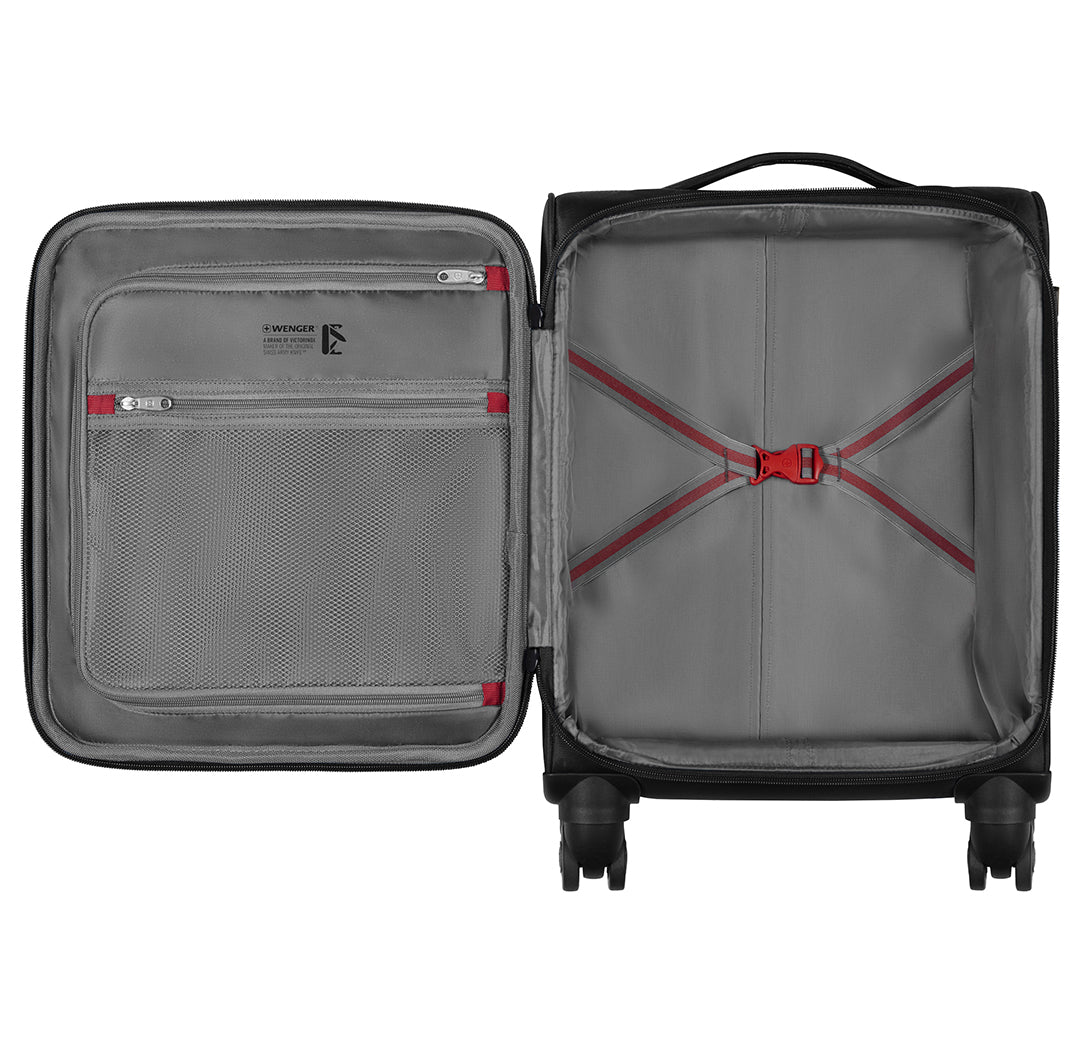 Maleta de viaje Wenger color negro con asa extensible plateada y detalles en rojo.