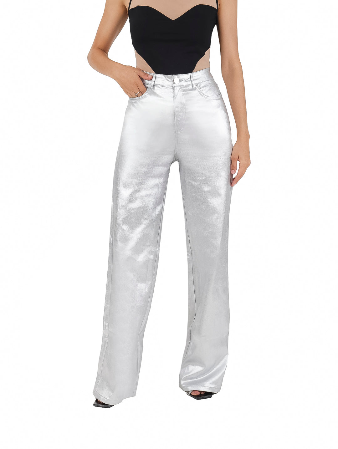 Pantalón LC Collection Efecto Piel Plata para Mujer