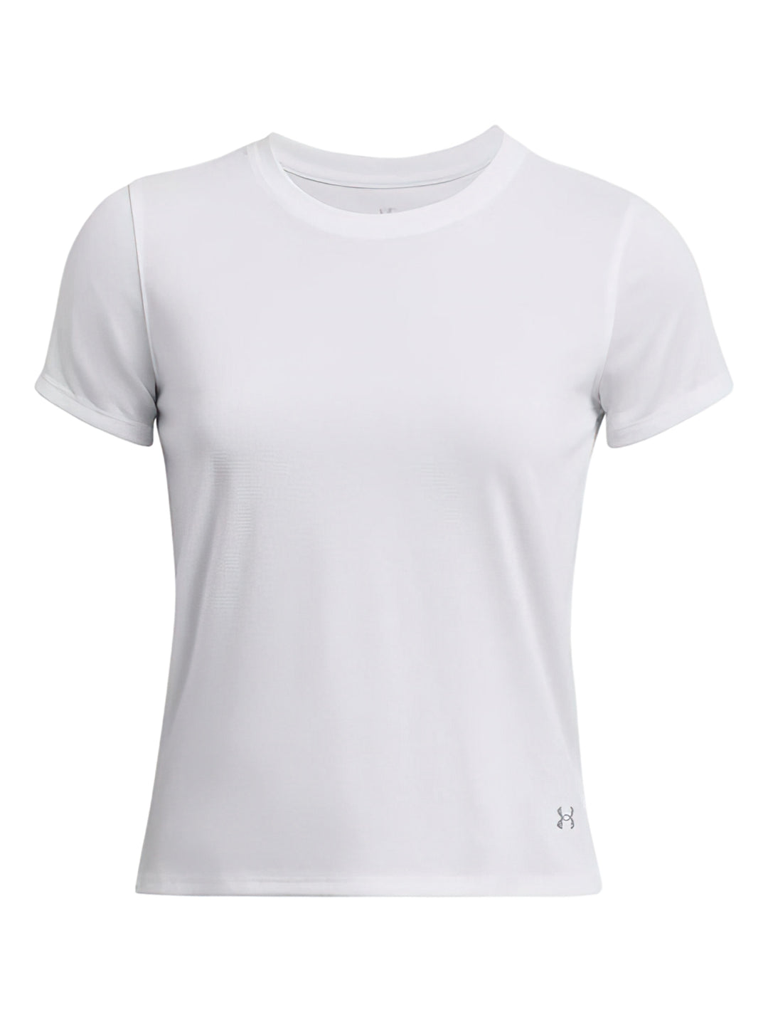 Mujer vistiendo una camiseta deportiva de manga corta color blanco de la marca Under Armour.