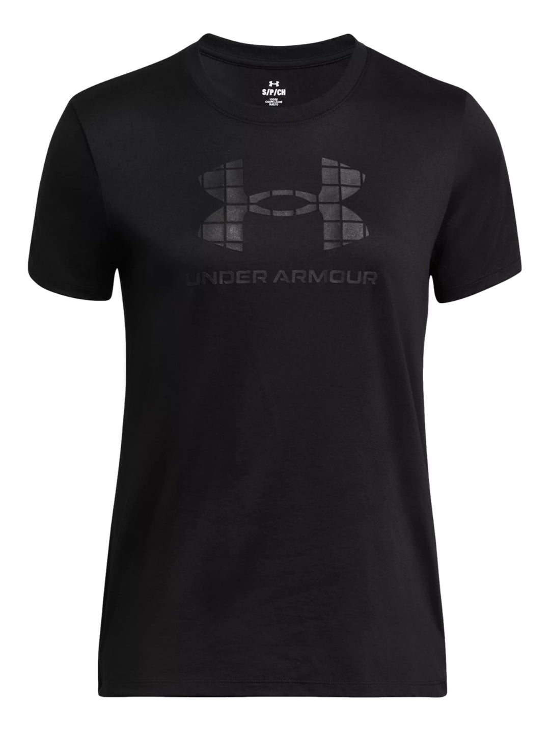 Mujer vistiendo una camiseta deportiva negra de manga corta con logotipo de Under Armour en el pecho.