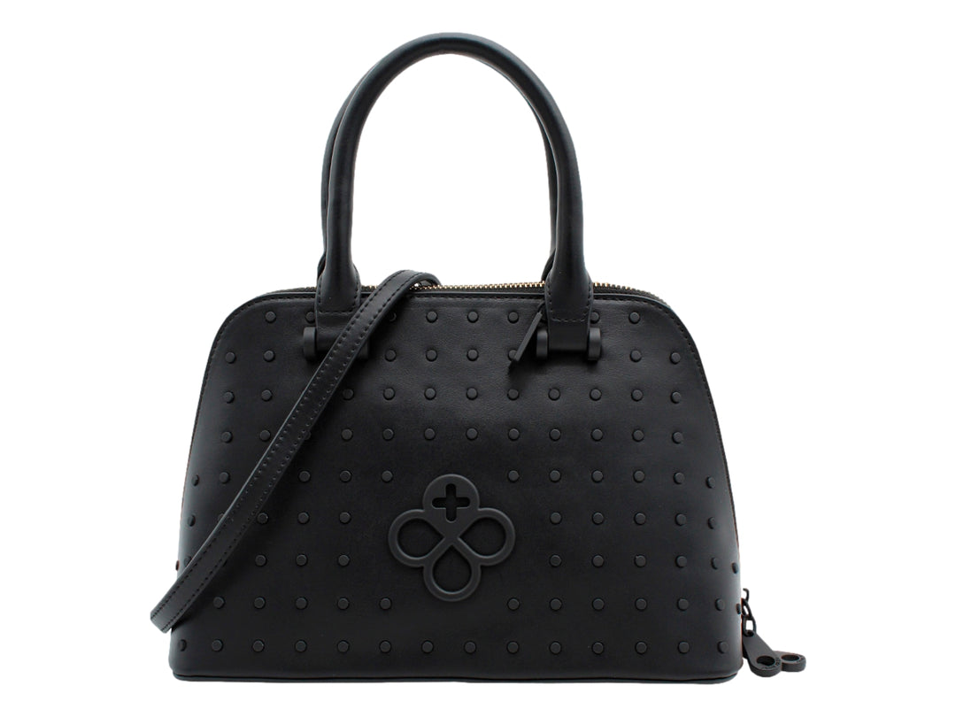 Bolso satchel color negro de Jaime Ibiza con asas, correa larga y detalles decorativos en relieve.