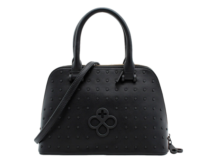 Bolso satchel color negro de Jaime Ibiza con asas, correa larga y detalles decorativos en relieve.