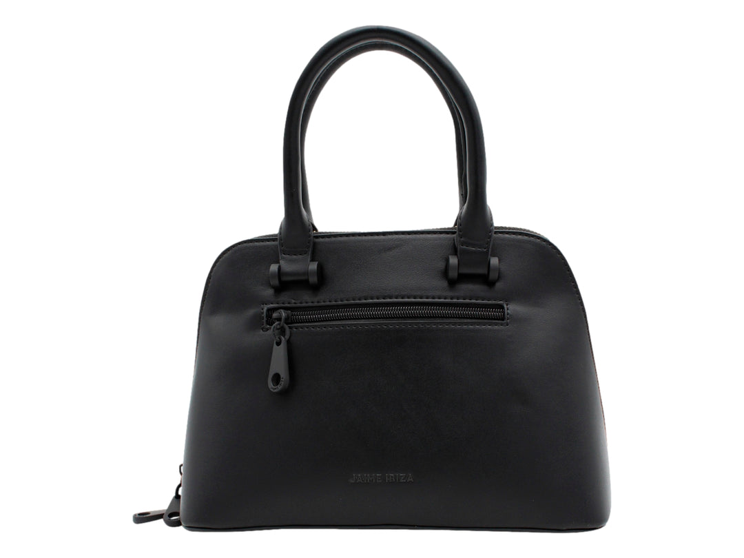 Bolso satchel color negro de Jaime Ibiza con asas, correa larga y detalles decorativos en relieve.