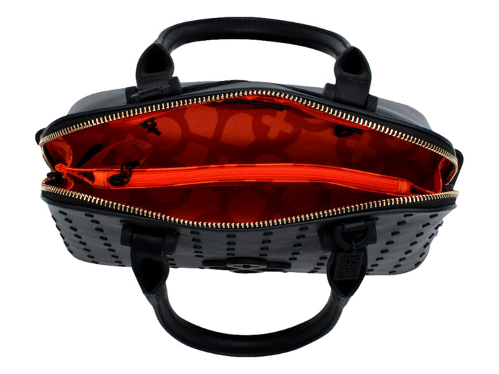 Bolso satchel color negro de Jaime Ibiza con asas, correa larga y detalles decorativos en relieve.