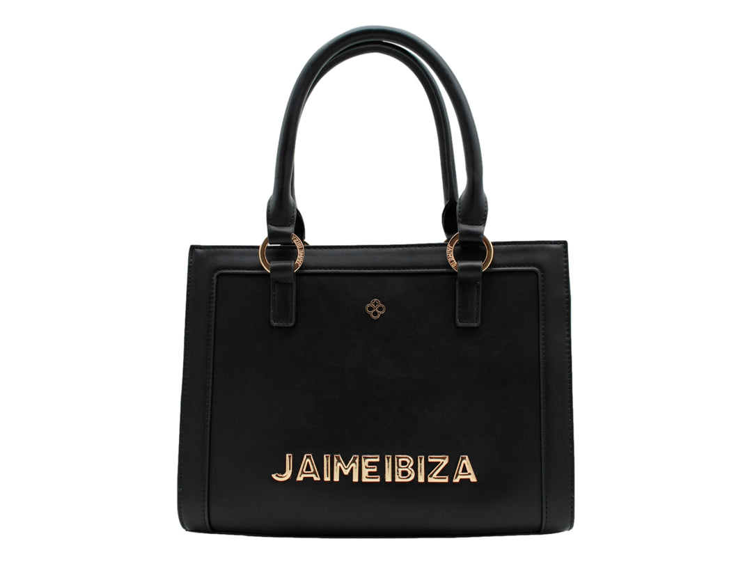 Bolso satchel negro de Jaime Ibiza con asas cortas y letras doradas en la parte inferior.