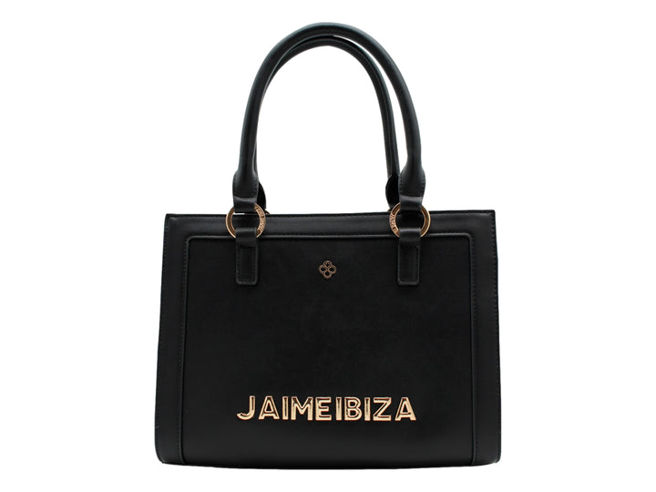 Bolso satchel negro de Jaime Ibiza con asas cortas y letras doradas en la parte inferior.