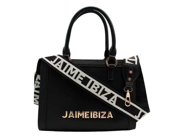 Bolso satchel negro de Jaime Ibiza con asas cortas y letras doradas en la parte inferior.