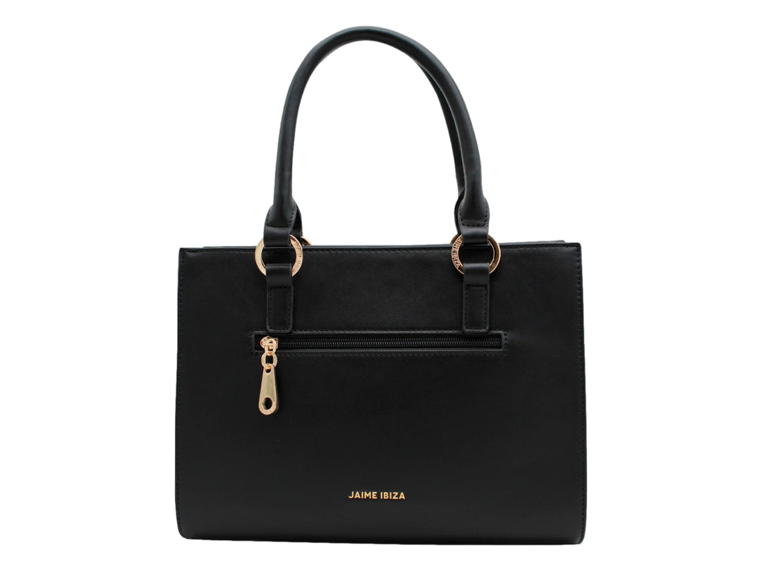 Bolso satchel negro de Jaime Ibiza con asas cortas y letras doradas en la parte inferior.
