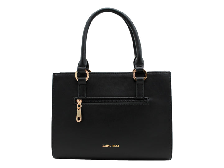Bolso satchel negro de Jaime Ibiza con asas cortas y letras doradas en la parte inferior.