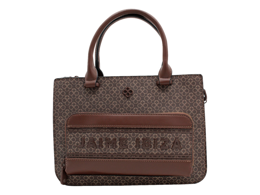 Bolso de mano color chocolate con estampado y asa superior de la marca Jaime Ibiza.