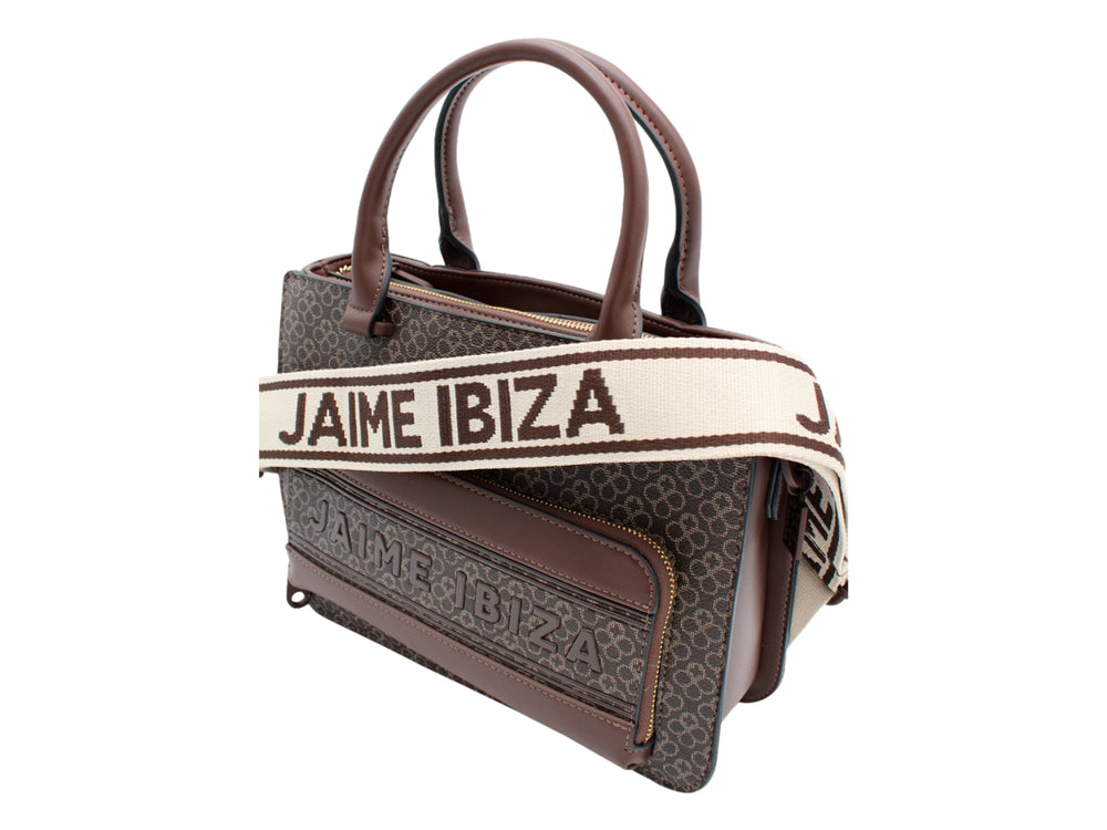 Bolso de mano color chocolate con estampado y asa superior de la marca Jaime Ibiza.