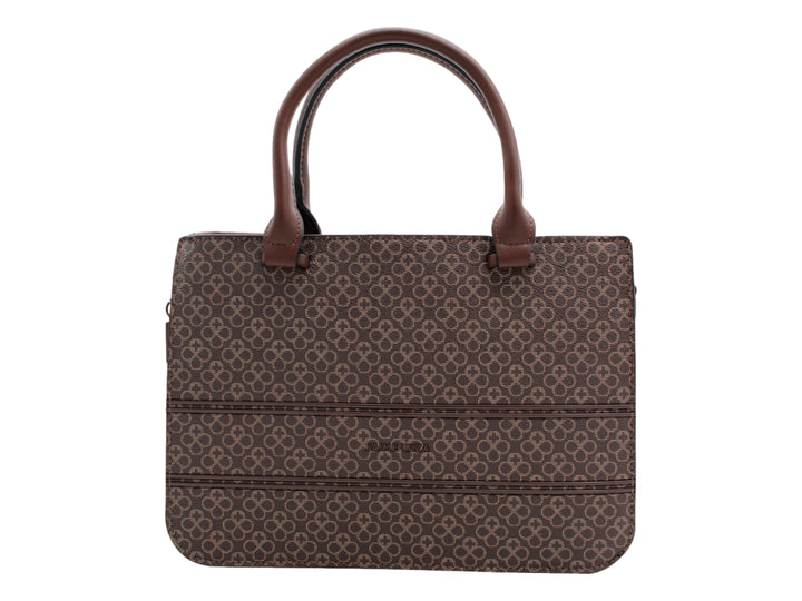 Bolso de mano color chocolate con estampado y asa superior de la marca Jaime Ibiza.