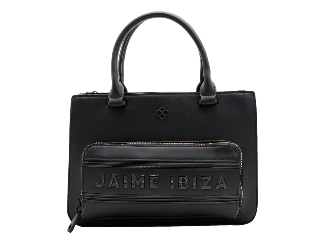 Bolso negro Jaime Ibiza con asa superior y bolsillo frontal con cierre y logo en relieve.