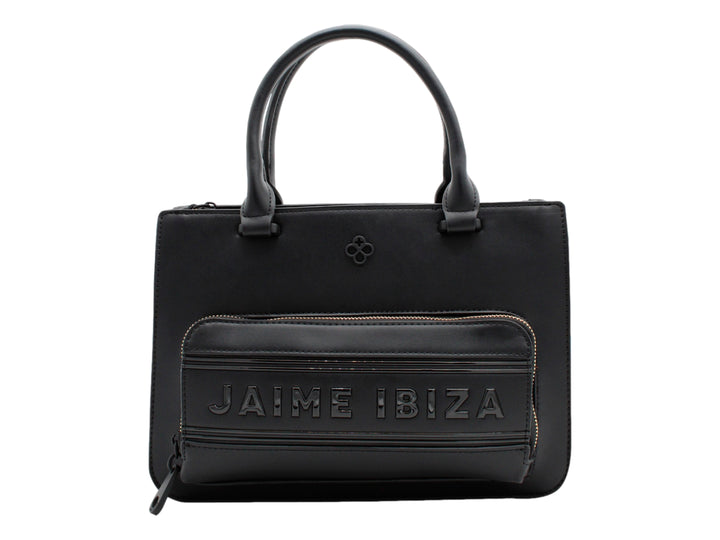 Bolso negro Jaime Ibiza con asa superior y bolsillo frontal con cierre y logo en relieve.
