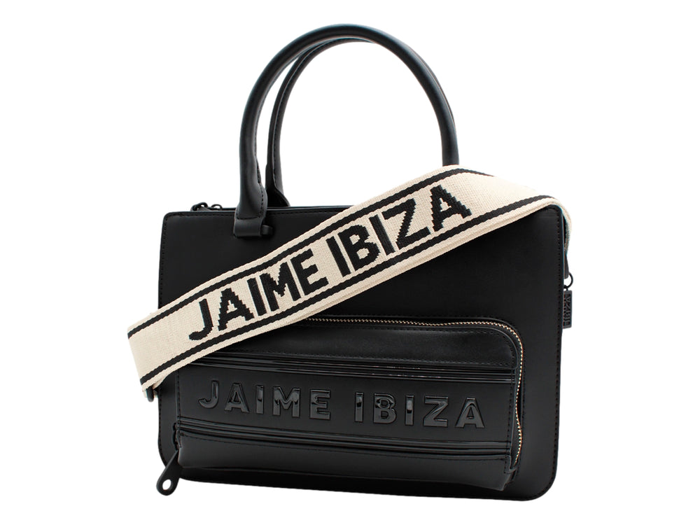 Bolso negro Jaime Ibiza con asa superior y bolsillo frontal con cierre y logo en relieve.