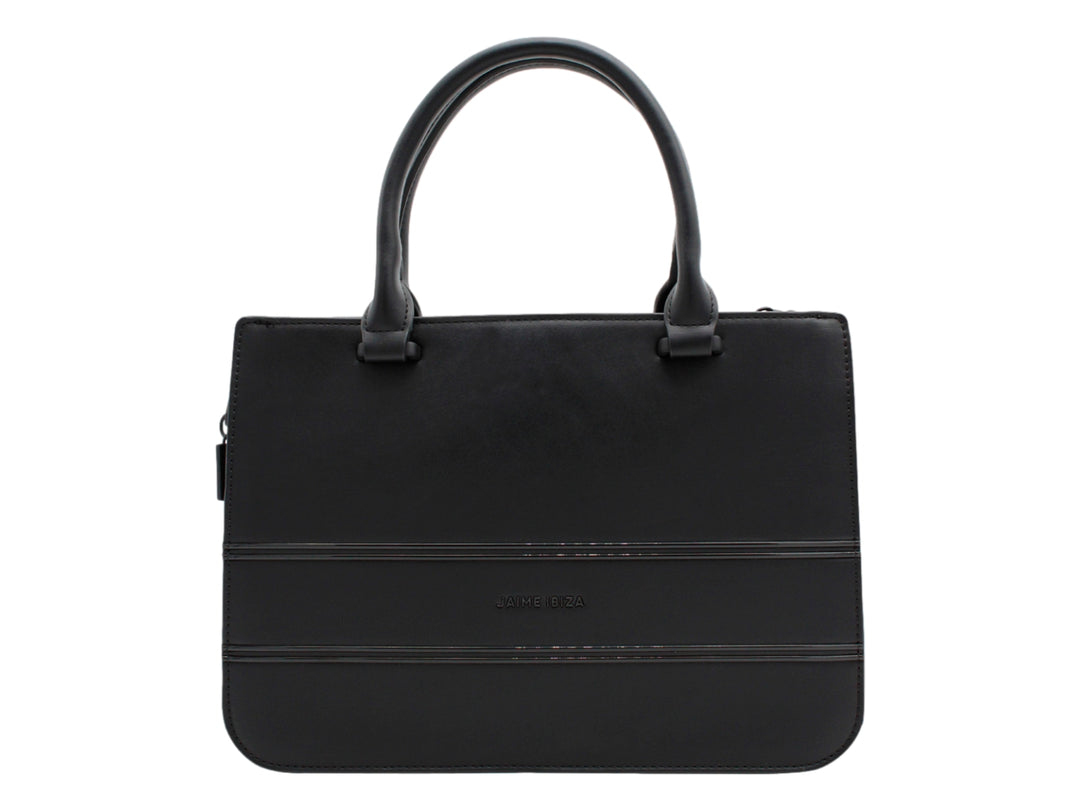 Bolso negro Jaime Ibiza con asa superior y bolsillo frontal con cierre y logo en relieve.