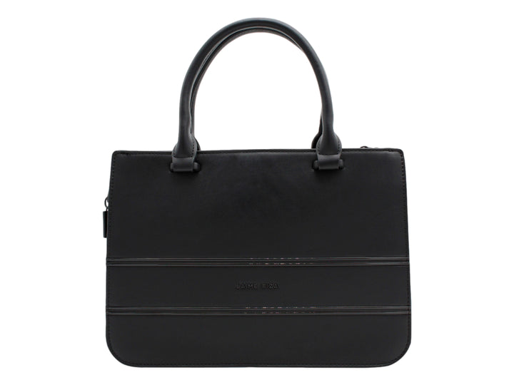 Bolso negro Jaime Ibiza con asa superior y bolsillo frontal con cierre y logo en relieve.