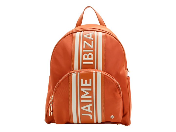 Mochila Jaime Ibiza color caramelo con franjas verticales blancas y letras blancas en el centro.