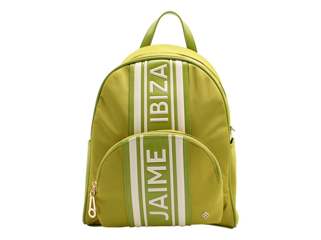 Mochila Jaime Ibiza color lima con franjas blancas verticales y logotipo en el frente.