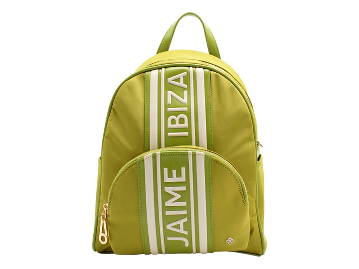 Mochila Jaime Ibiza color lima con franjas blancas verticales y logotipo en el frente.