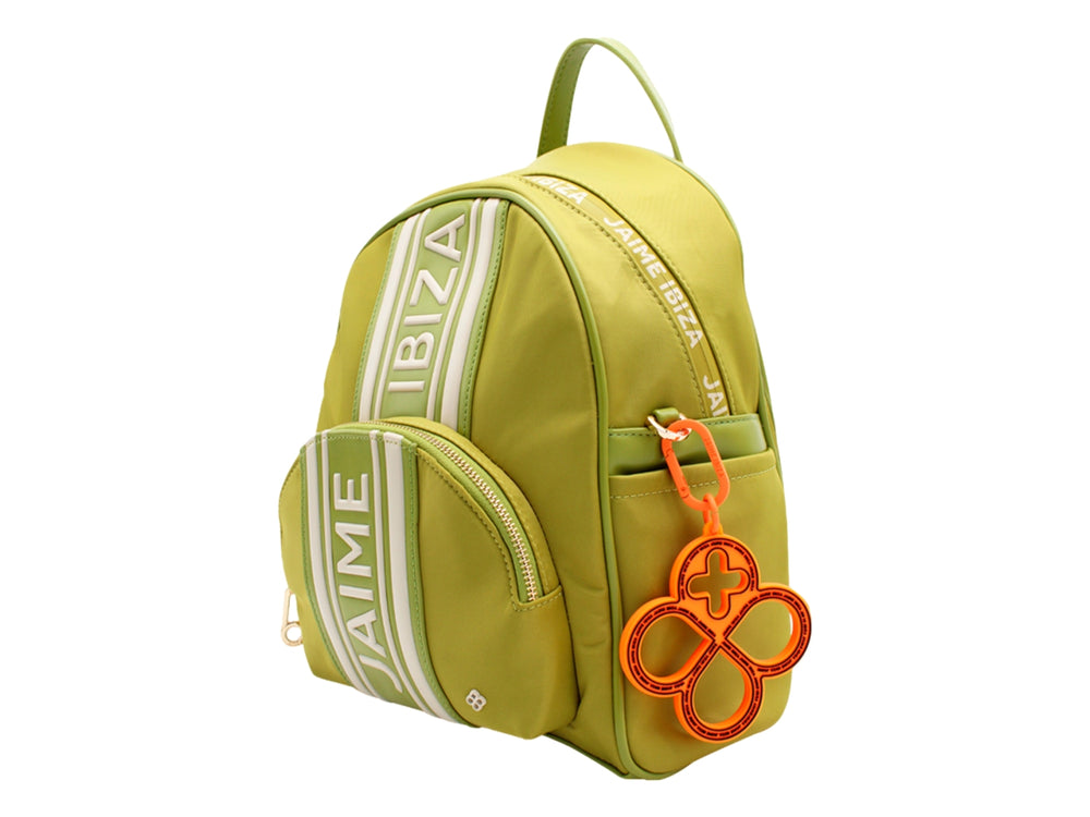 Mochila Jaime Ibiza color lima con franjas blancas verticales y logotipo en el frente.