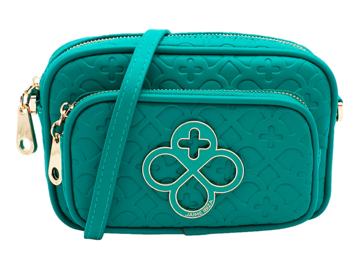 Bolso pequeño color turquesa con textura grabada y detalles en dorado de la marca Jaime Ibiza.