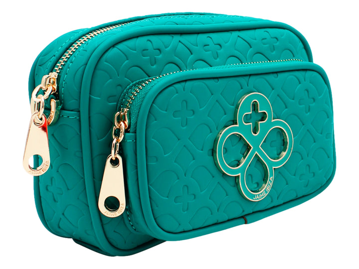 Bolso pequeño color turquesa con textura grabada y detalles en dorado de la marca Jaime Ibiza.