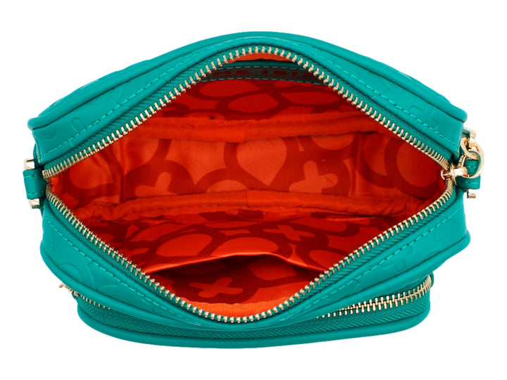 Bolso pequeño color turquesa con textura grabada y detalles en dorado de la marca Jaime Ibiza.
