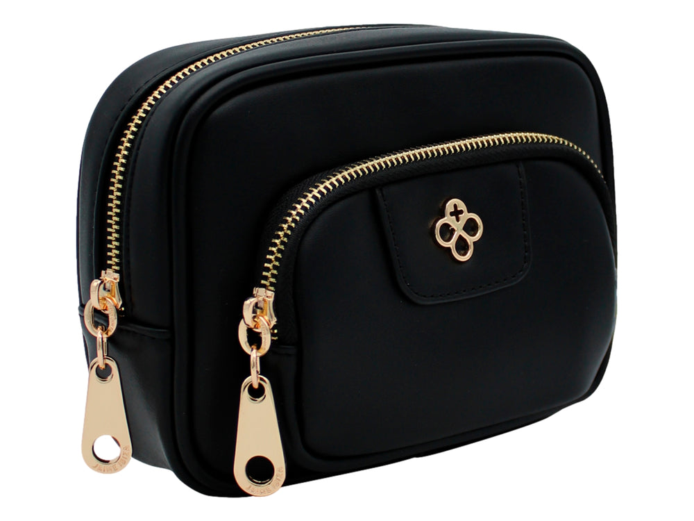 Bolso pequeño de color negro con detalles y cierres en tono dorado, marca Jaime Ibiza.