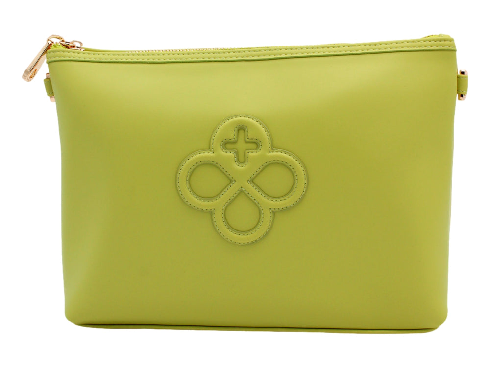 Bolsa convertible color verde lima de Jaime Ibiza con correa ancha y herrajes dorados.
