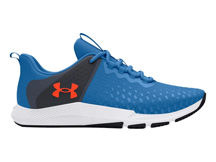 Tenis deportivos Under Armour en color azul y gris con suela blanca y detalles en negro.
