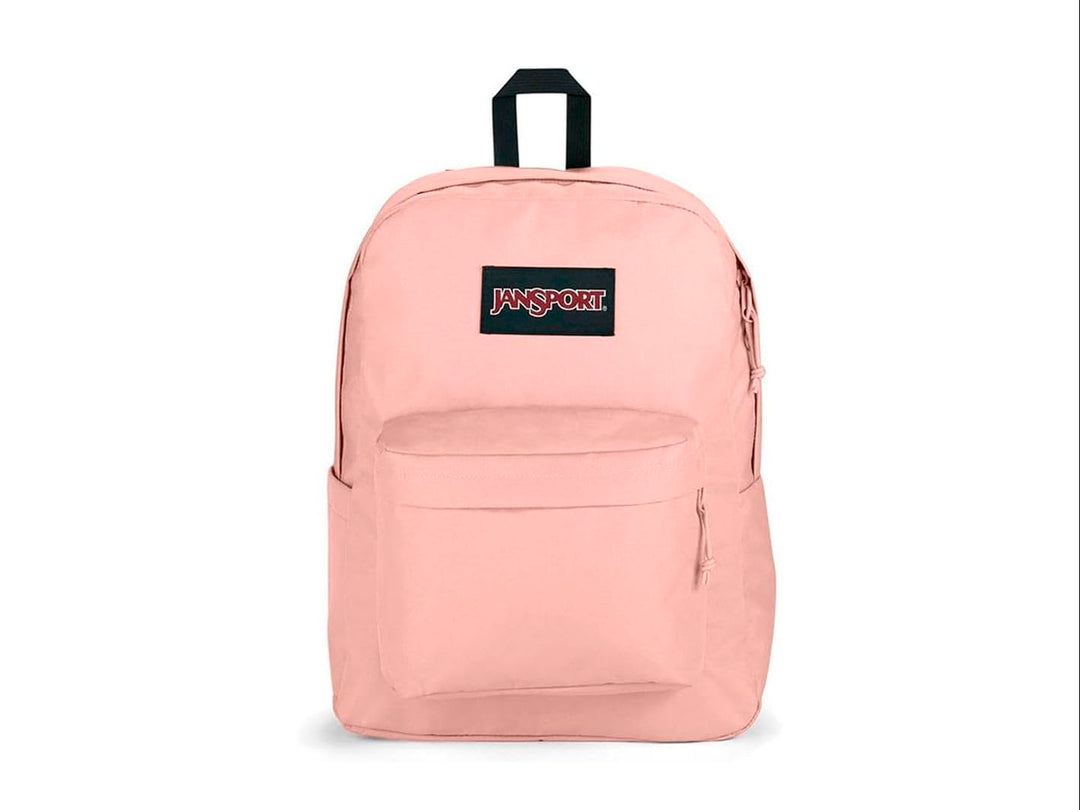 Mochila JanSport SuperBreak Plus en color rosa Misty Rose con bolsillo frontal y asa negra.