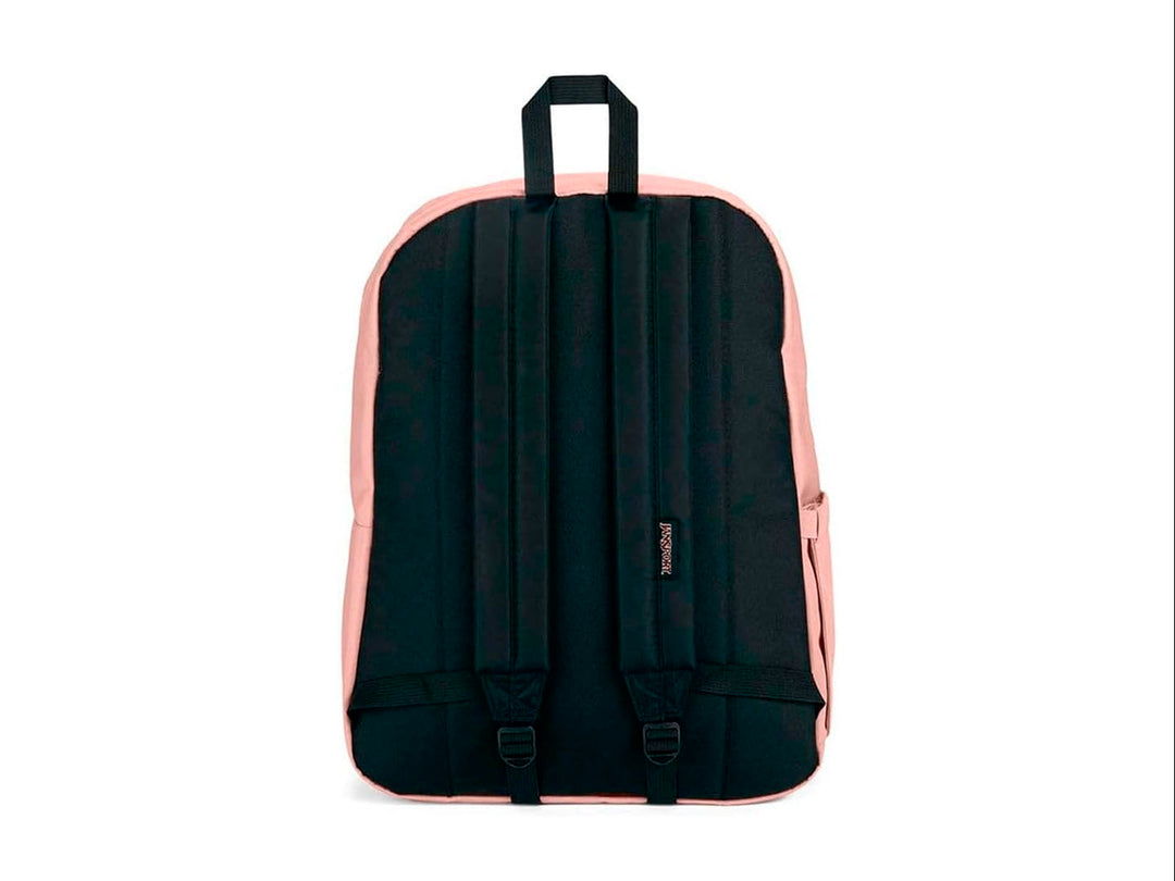 Mochila JanSport SuperBreak Plus en color rosa Misty Rose con bolsillo frontal y asa negra.
